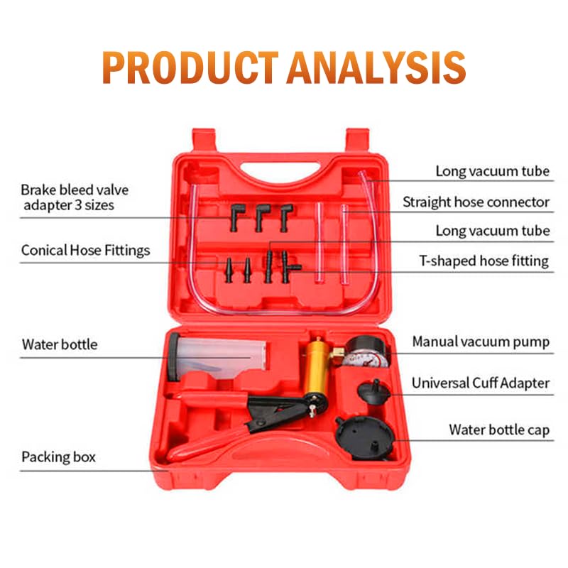 ZJERYL GULL 2 in 1 Brake Bleeder Kit with Hand Vacuum Pump with Gauge Adapters Automotive Brake Fluid Bleeding Set with Protected Case for Car Truck (Red)