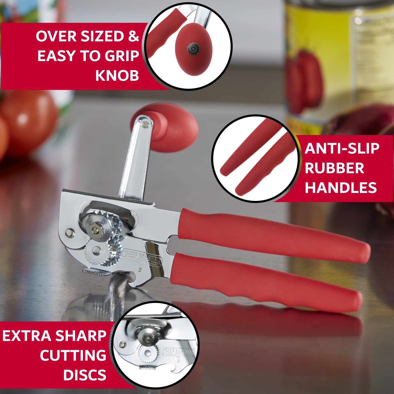 Commercial Can Opener, Heavy Duty Can Opener Manual for Large Cans With Anti-slip Grip Knobs, Sharp Cutting Discs, Bottle & Kitchen Manual Can Opener With Crank Handle by Chef-Master #90056 (2 Pack)