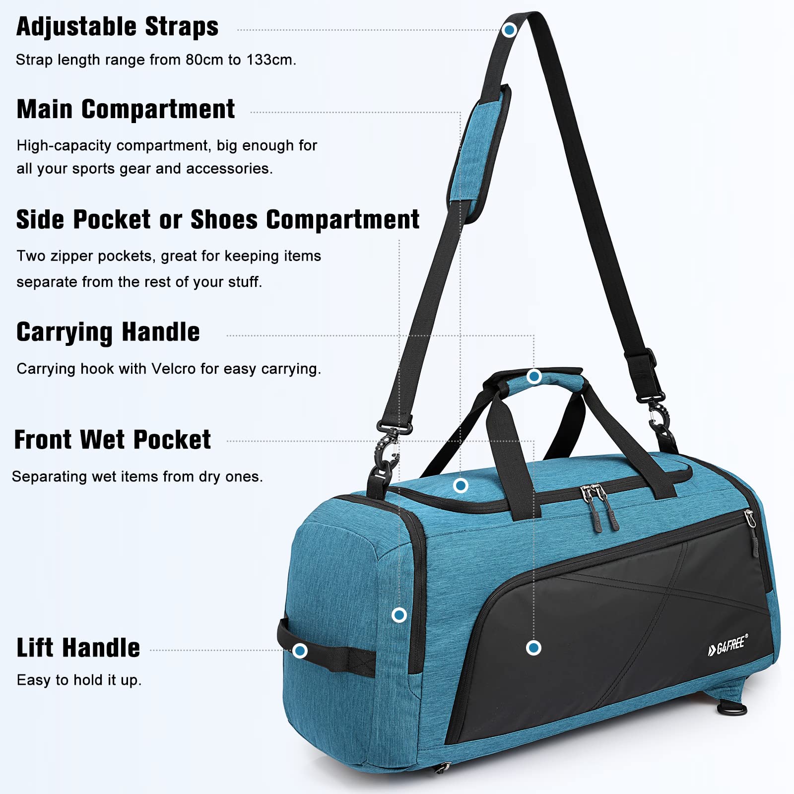 G4Free 45L/60L 3 Way Travel Backpack Large Luggage Gym Bag with Wet Compartment and Shoe Compartment for Travel, Swimming, Yoga, Hiking, Camping, Peacock Blue, 45L