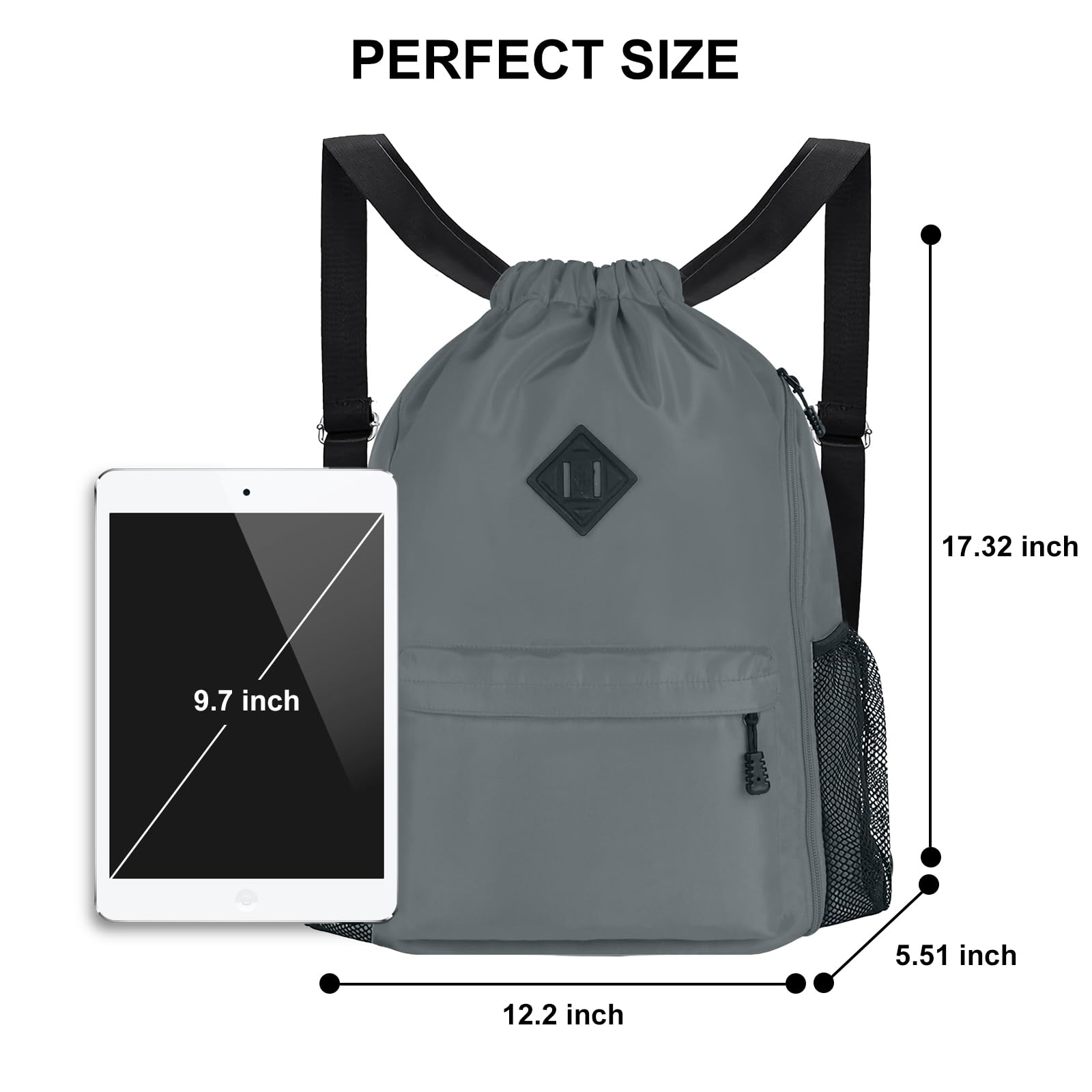 Oziral Drawstring Backpack Water-Resistant Sports Gym Bag with Shoe Compartment and Two Side Mesh Pockets String Backpack for Men and Women (Grey)