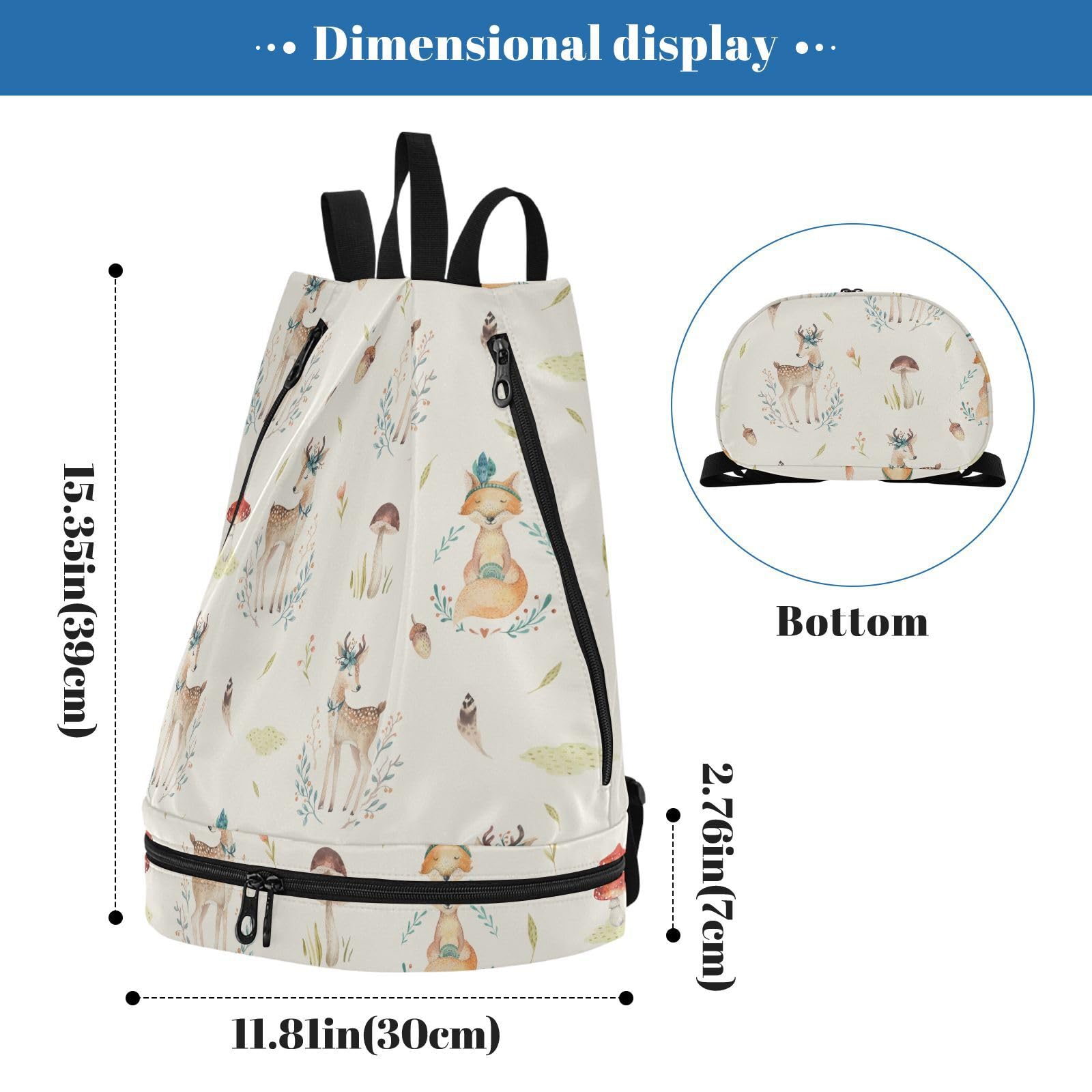 Cute Baby Foxes Deer Animal Backpack Beach Bag with Shoe Compartment Waterproof Gym Bag, Beach Backpack for Women