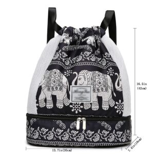 Drawstring Bag Sport Gym Backpack With Shoe Compartment And Dry Wet Depart Swimming Gym Bag, Drawstring Backpack Gym Bags For Men/Women For Travel, Fitness, Soccer, Beach(black print)