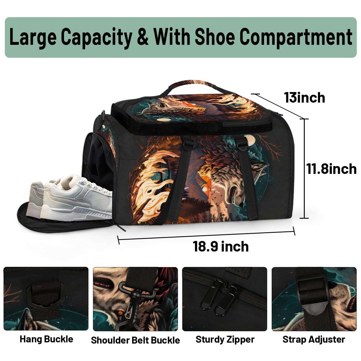 Animal wolf Gym Duffle Bag Backpack Waterproof with Shoes Compartment Travel Sling Bag Casual Daypack for Men and Women Shoulder Weekender Overnight Bag