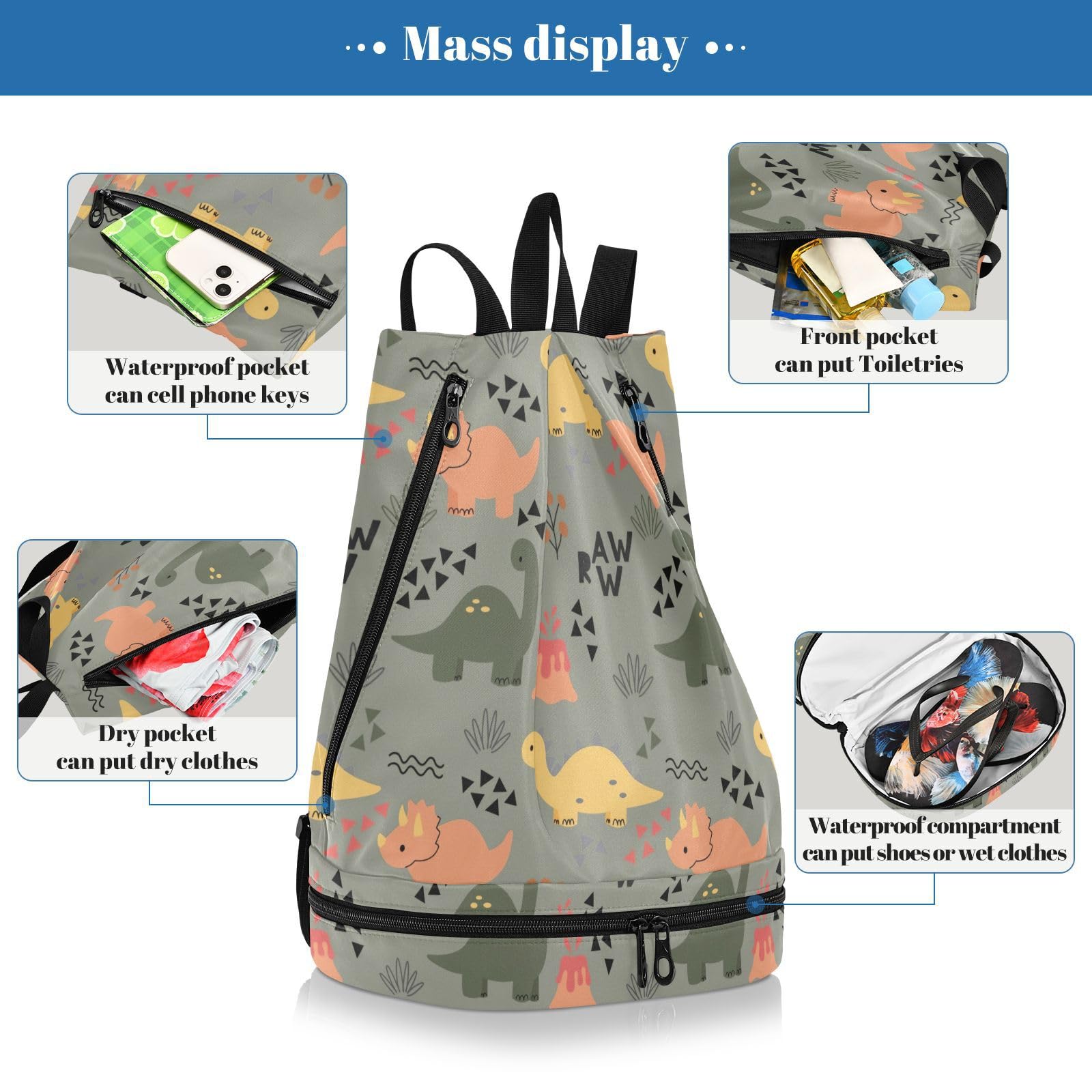 Joisal Cute Dinosaur Pattern Diving Equipment Bag with Shoe Compartment Small Gym Backpack Camping Hiking Shopping Travel