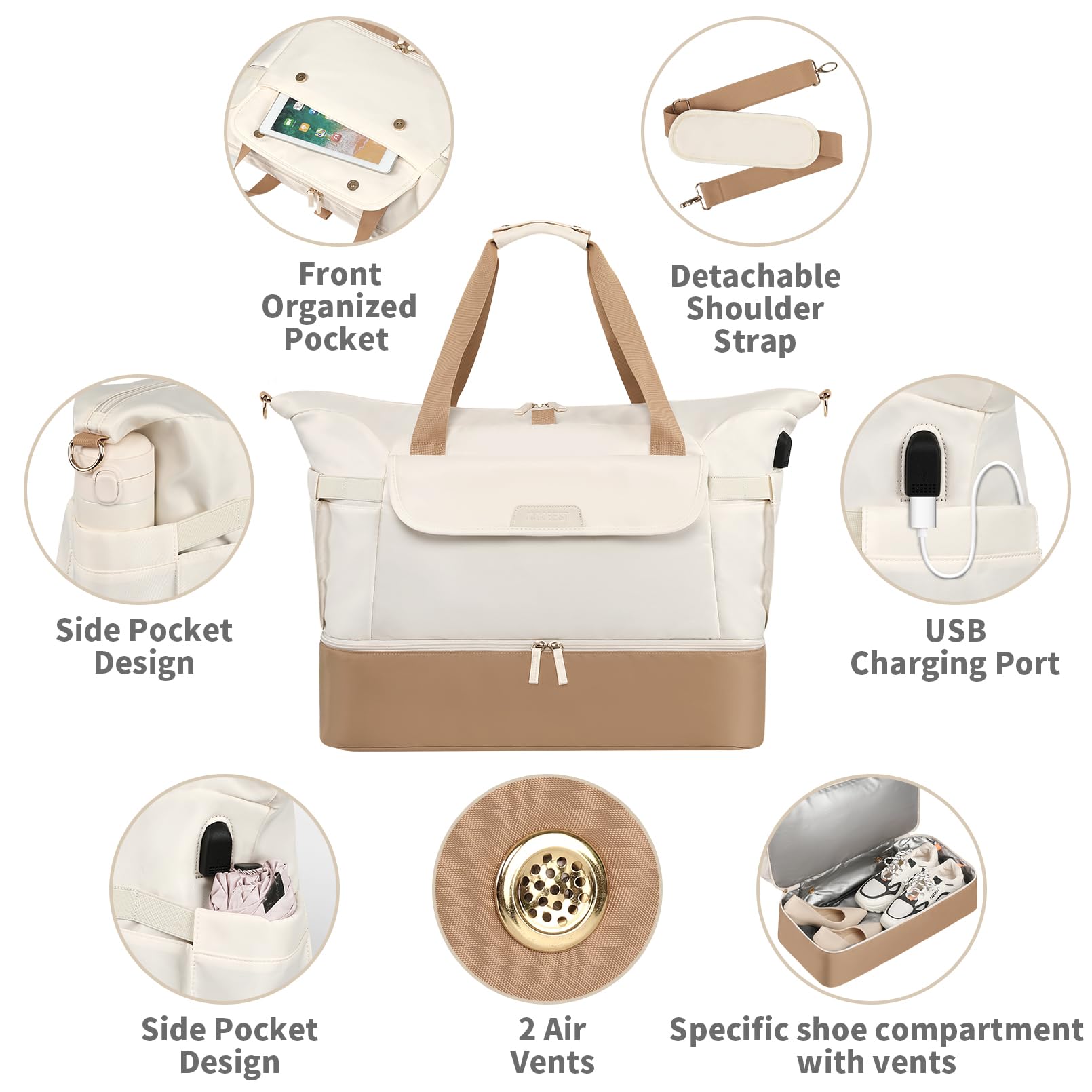 Weekender Bag for Women,Extra Large Travel Duffle Bag with Shoe Compartment &Wet Pocket, Large Overnight Sports Gym Bag with USB Charging Port and Toiletry Bag,Carry on Tote Yoga Bag for Airline,beige