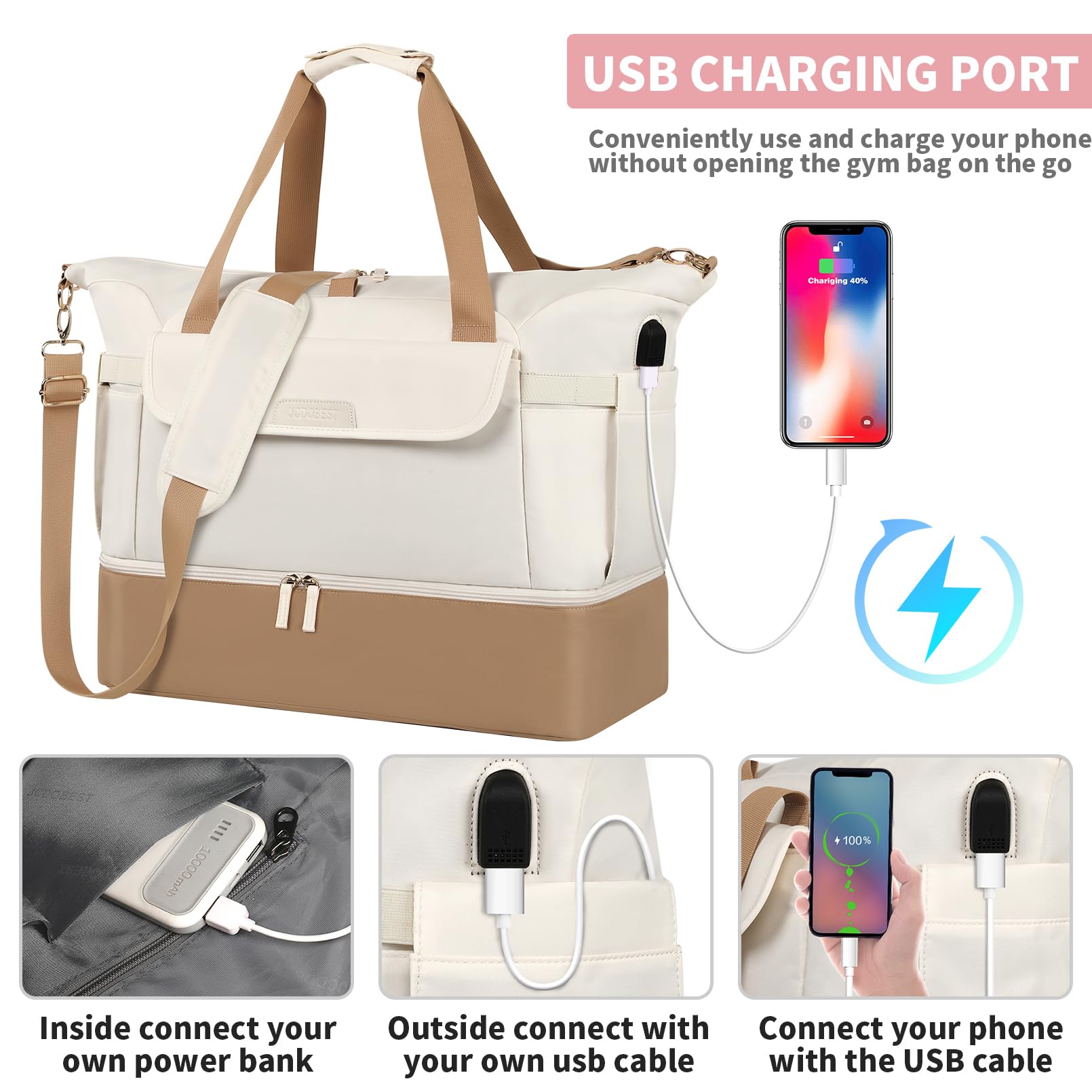 Weekender Bag for Women,Extra Large Travel Duffle Bag with Shoe Compartment &Wet Pocket, Large Overnight Sports Gym Bag with USB Charging Port and Toiletry Bag,Carry on Tote Yoga Bag for Airline,beige