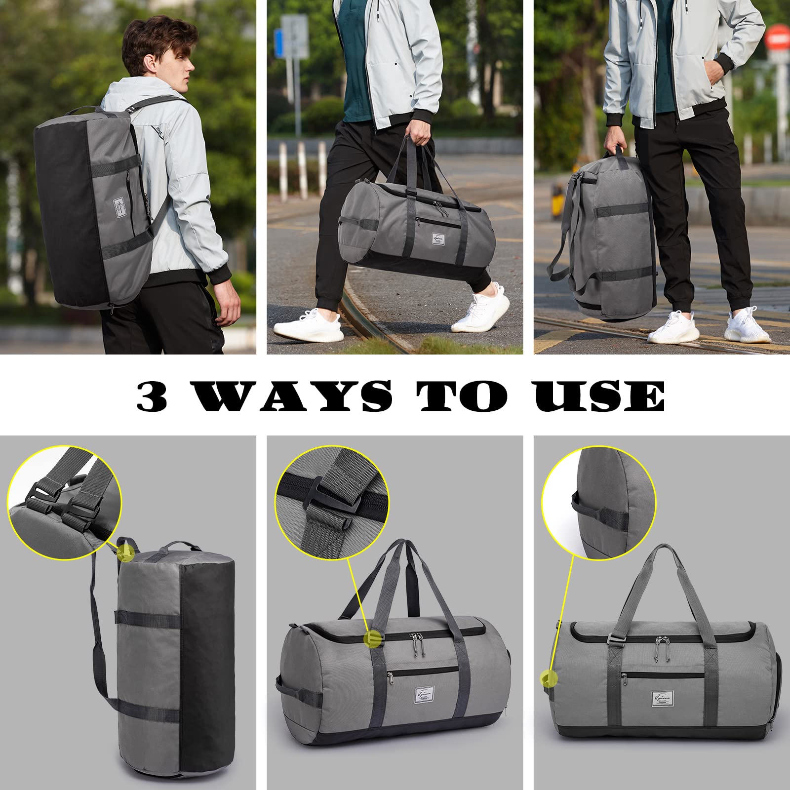 Lyweem 60L Duffle Bag for Men Travel Duffel Bag Large Size for Women Weekender Overnight with Shoes Compartment Multifunctional Gym Bags, Gray