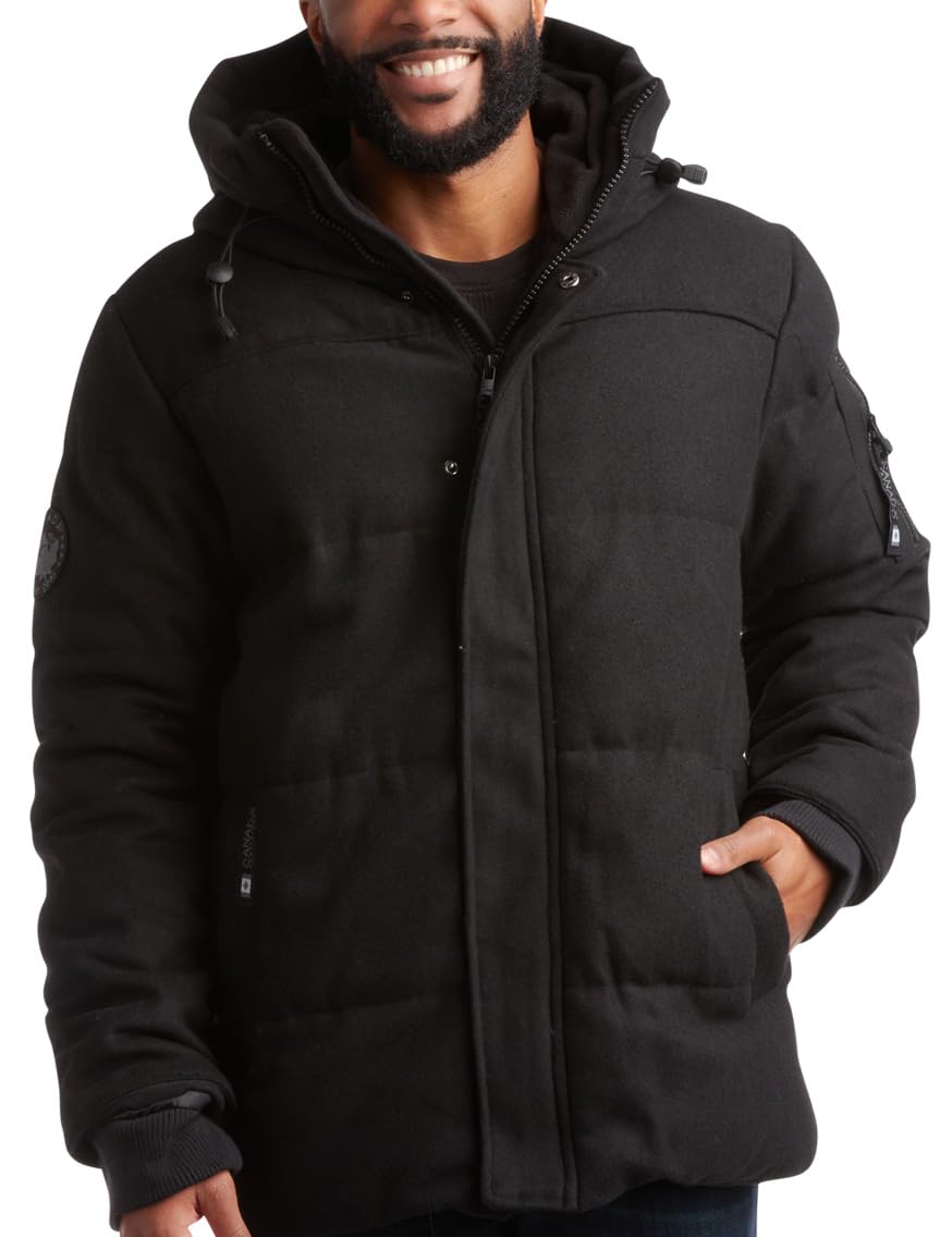 CANADA WEATHER GEAR Men's Wool Puffer Jacket Coat - Heavyweight Quilted Insulated Outerwear Parka (M-XXL), Size Large, Black