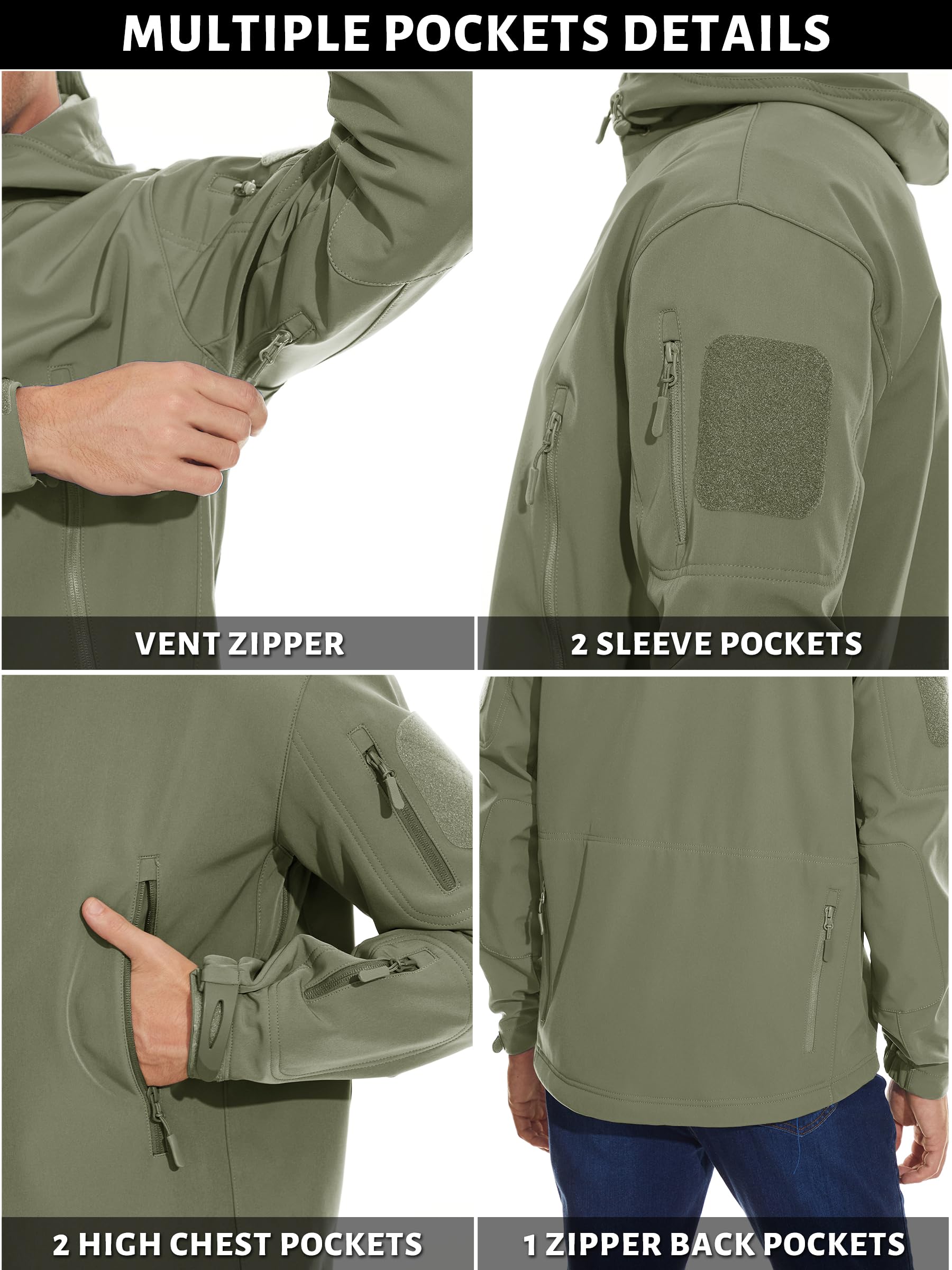 TACVASEN Men Windproof Softshell Tactical Hoodie Fleece Hunting Jacket Coat Army Green,US XL