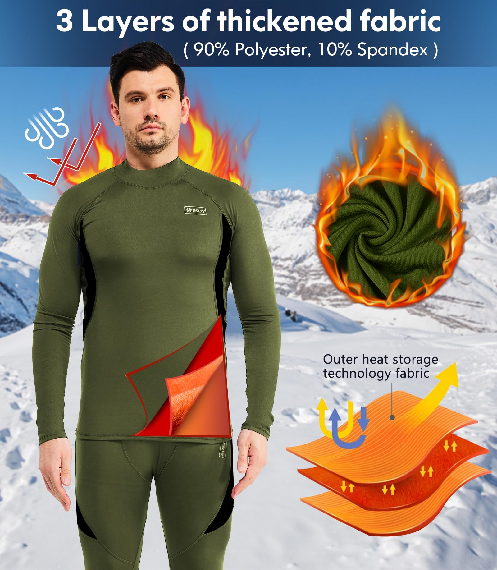 romision Turtle Neck Long Johns Thermal Underwear for Men Fleece Base Layer Cold Weather Top and Bottom Set Hunting Gear