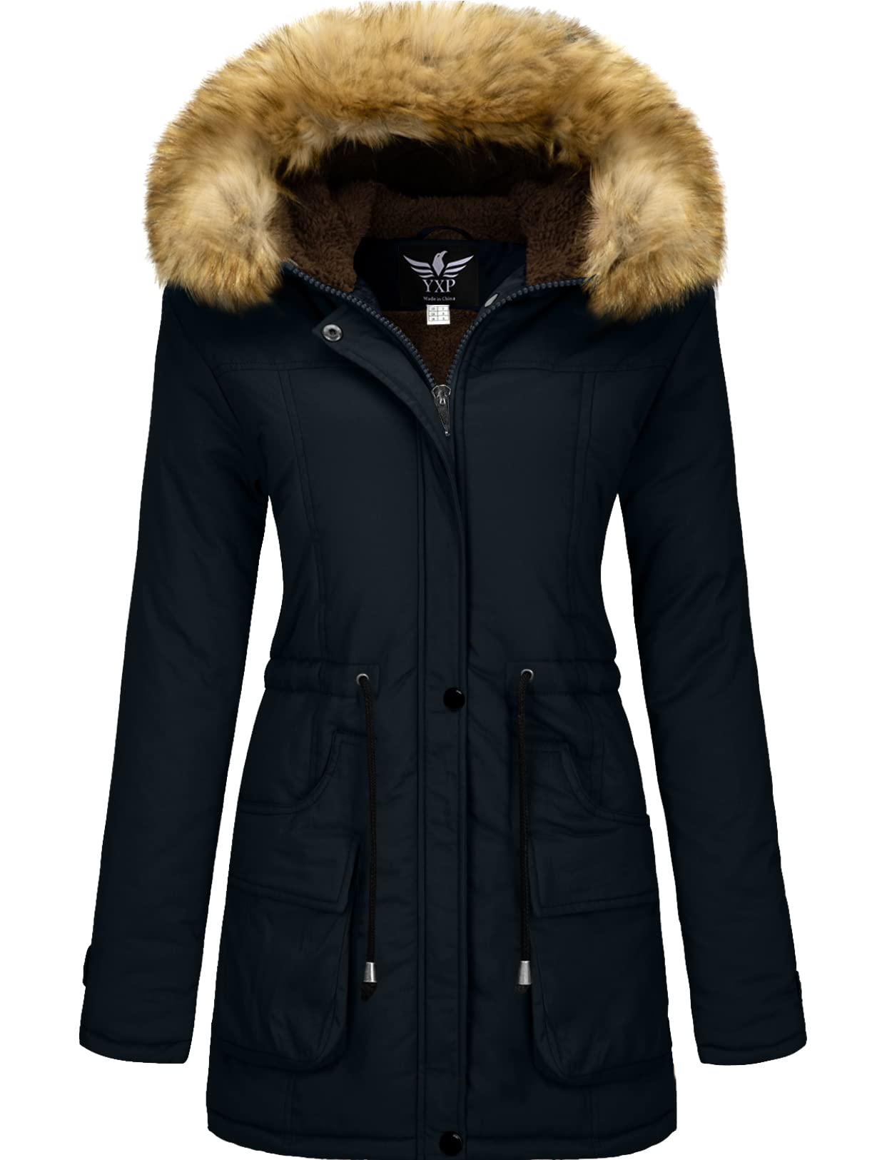 YXP Women's Winter Thicken Military Parka Jacket Warm Fleece Cotton Coat with Fur Hood (Navy,L)