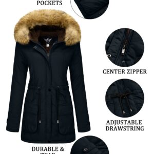 YXP Women's Winter Thicken Military Parka Jacket Warm Fleece Cotton Coat with Fur Hood (Navy,L)