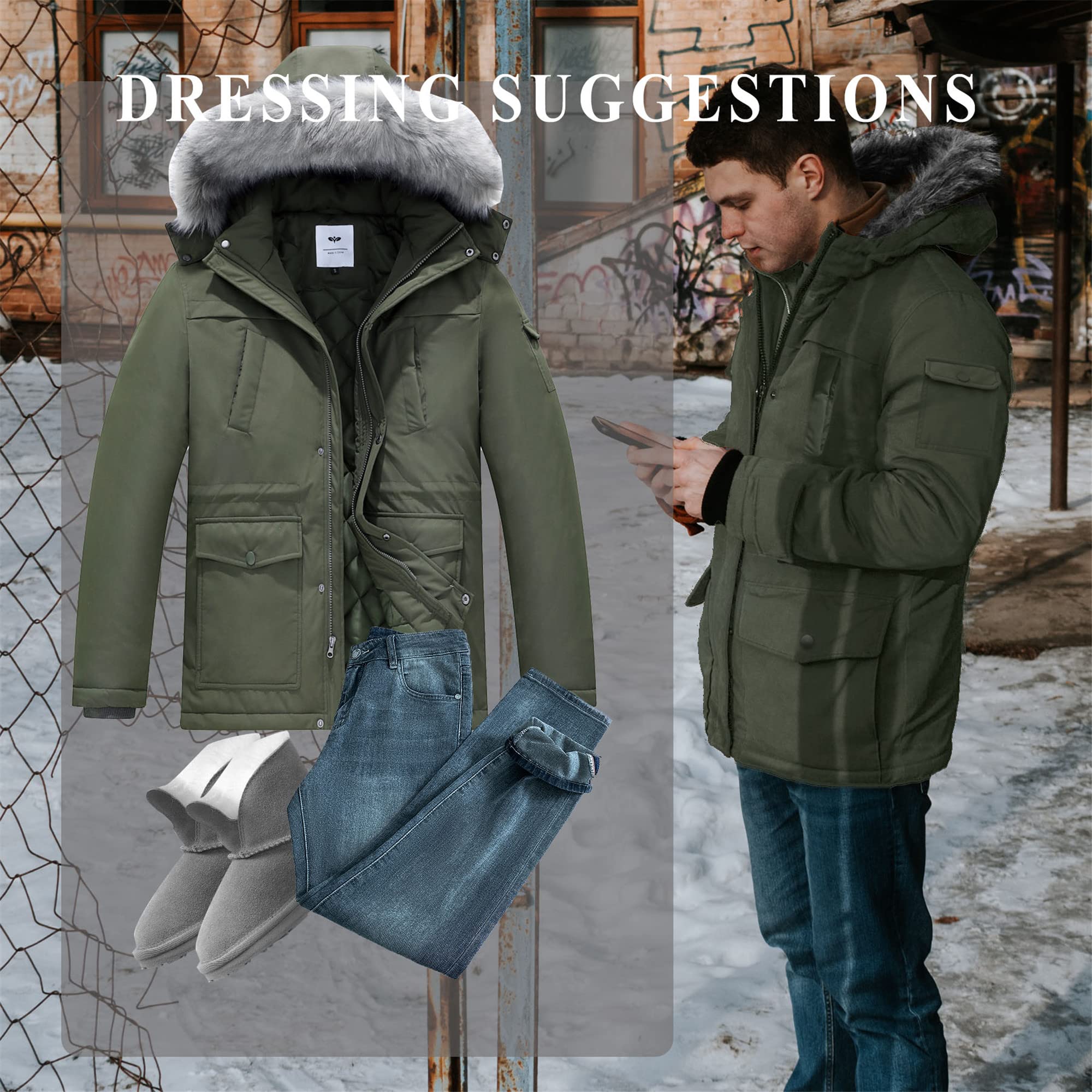 GGleaf Men's Winter Parka Jacket Puffer Jacket Thickened Padded Winter Coat with Fur Hood Army Green S