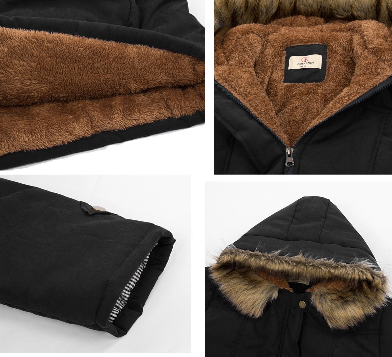 GRACE KARIN Long Winter Coat for Women Hooded Thicken Fleece Parkas Coat Faux Fur Jackets with Pockets 2XL Black