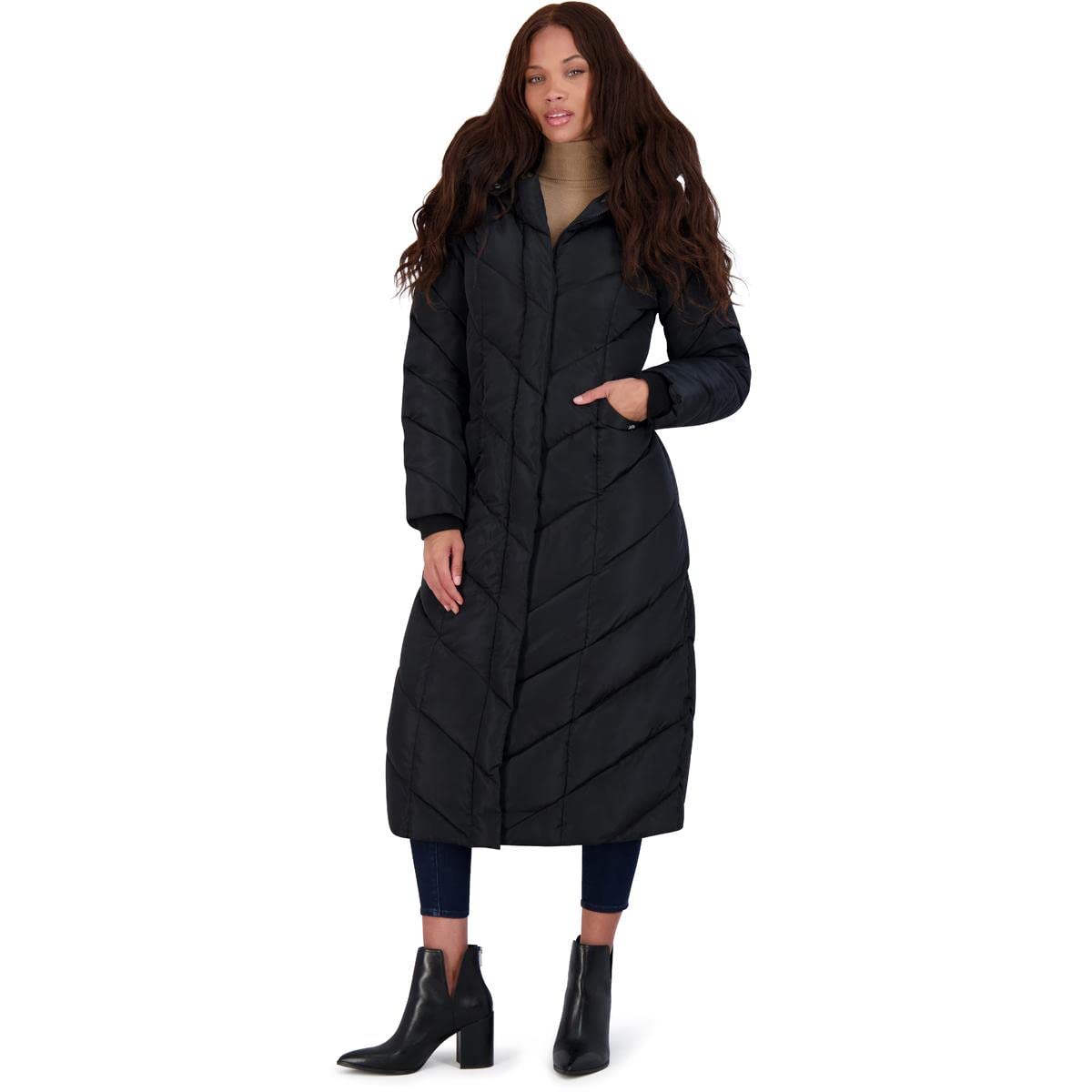 Steve Madden womens Long Chevron Maxi Puffer down alternative outerwear coats, Black, Large US