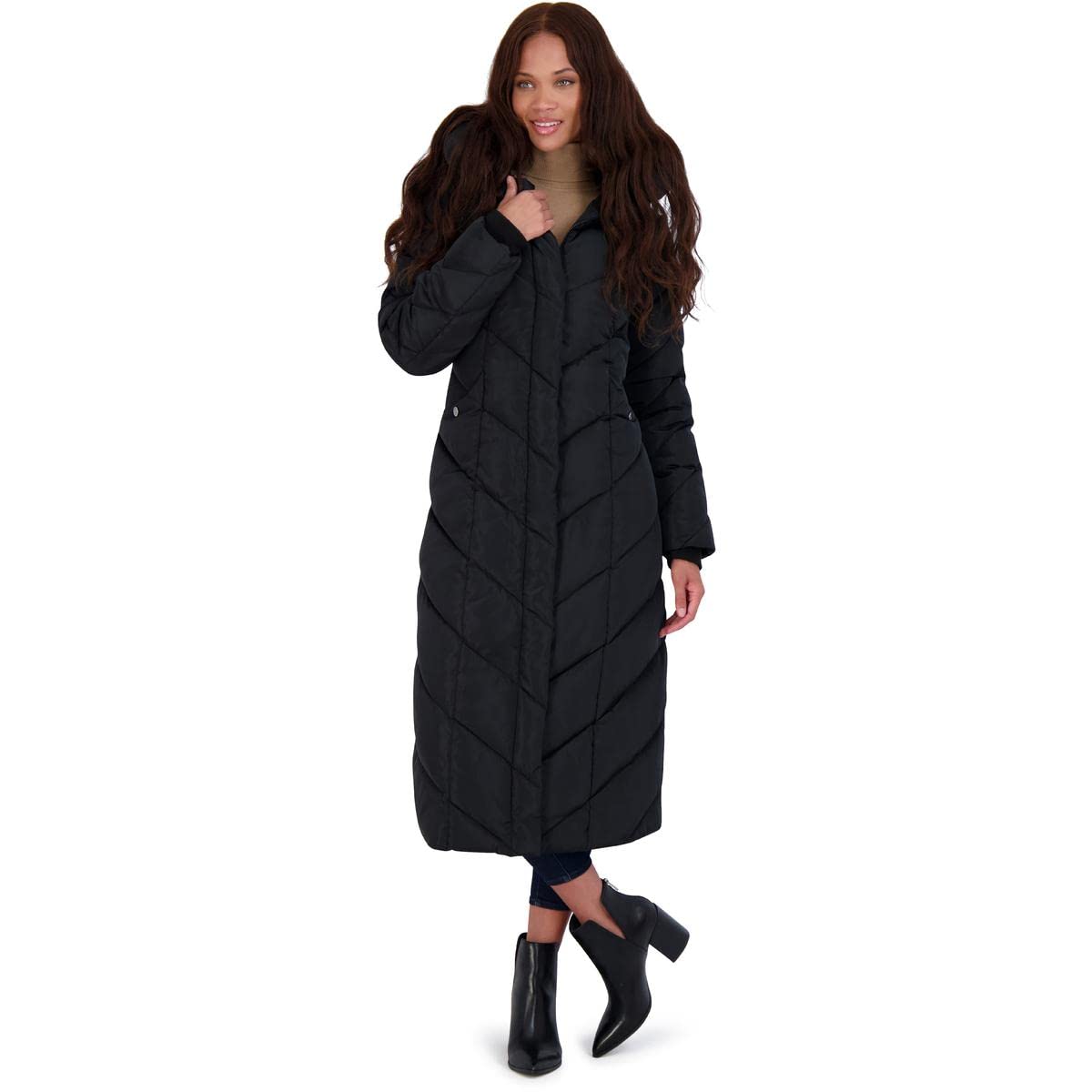 Steve Madden womens Long Chevron Maxi Puffer down alternative outerwear coats, Black, Large US