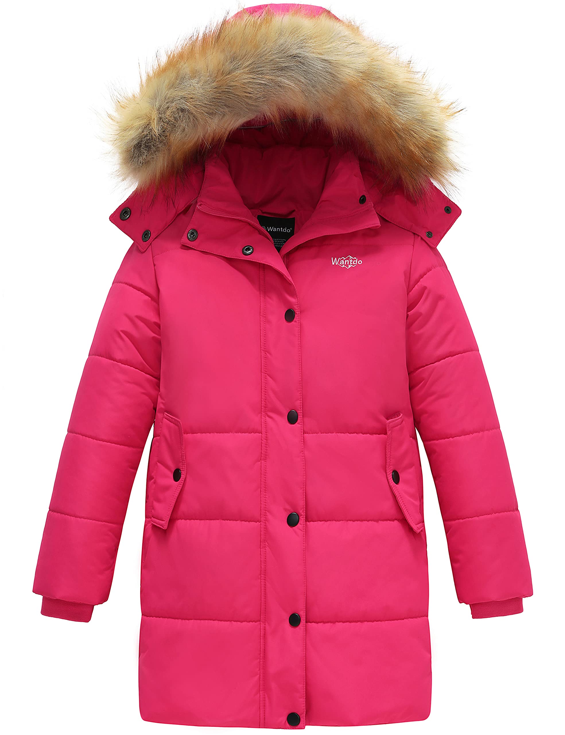 wantdo Girl's Winter Coats Long Puffer Coats Warm Fleece Jacket With Hood Rose Red 10-12