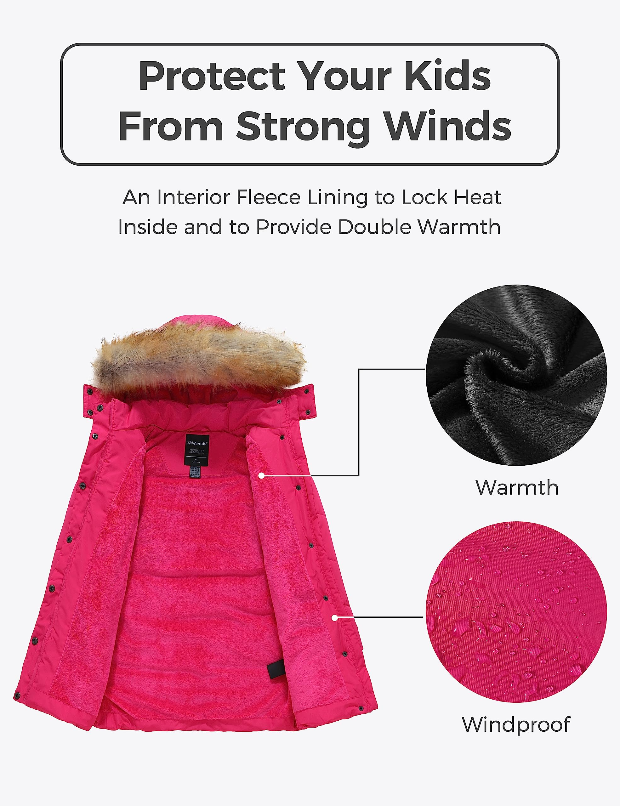 wantdo Girl's Winter Coats Long Puffer Coats Warm Fleece Jacket With Hood Rose Red 10-12