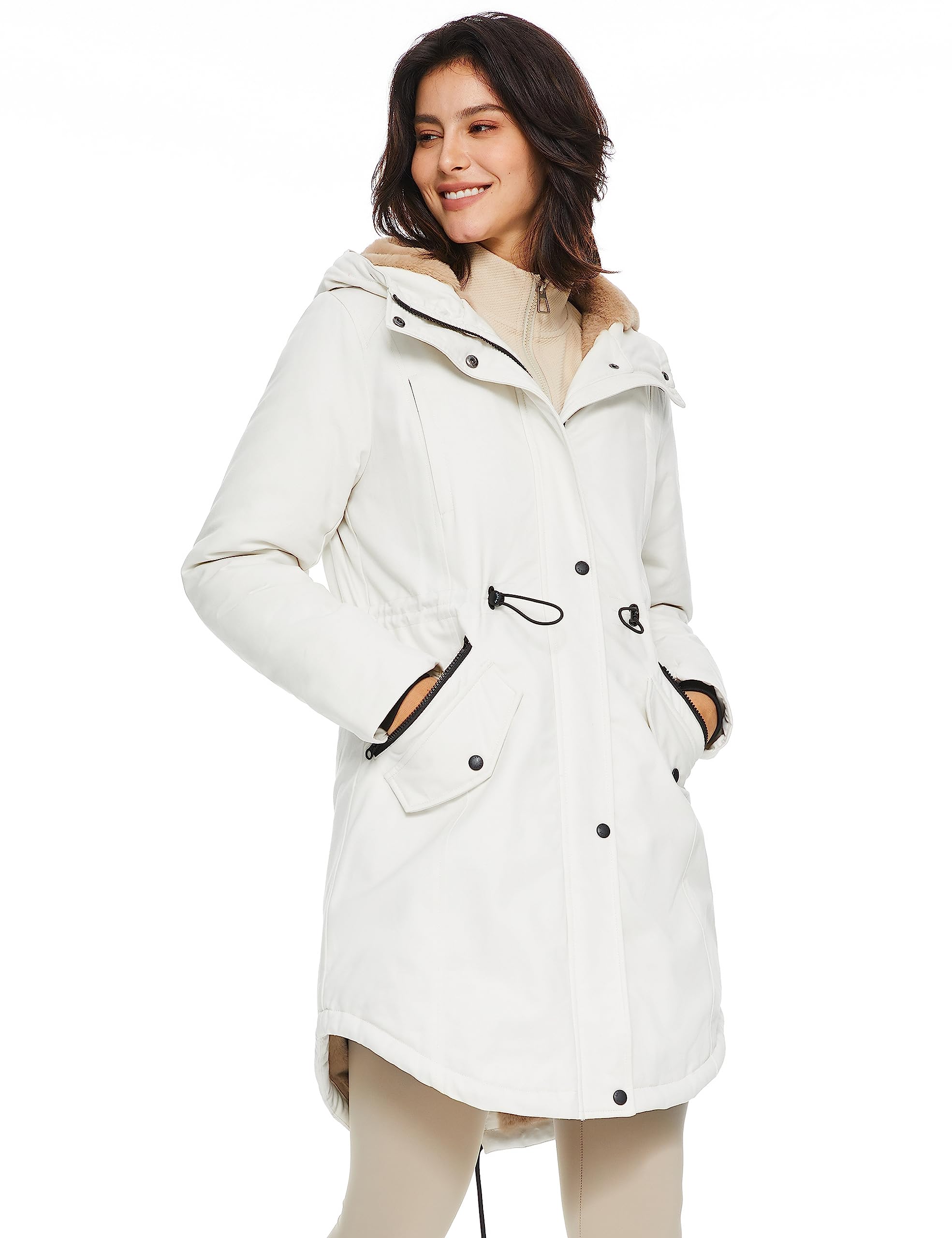 Orolay Women's Thicken Fleece Lined Parka Winter Coat Hooded Jacket with Pockets Beige M