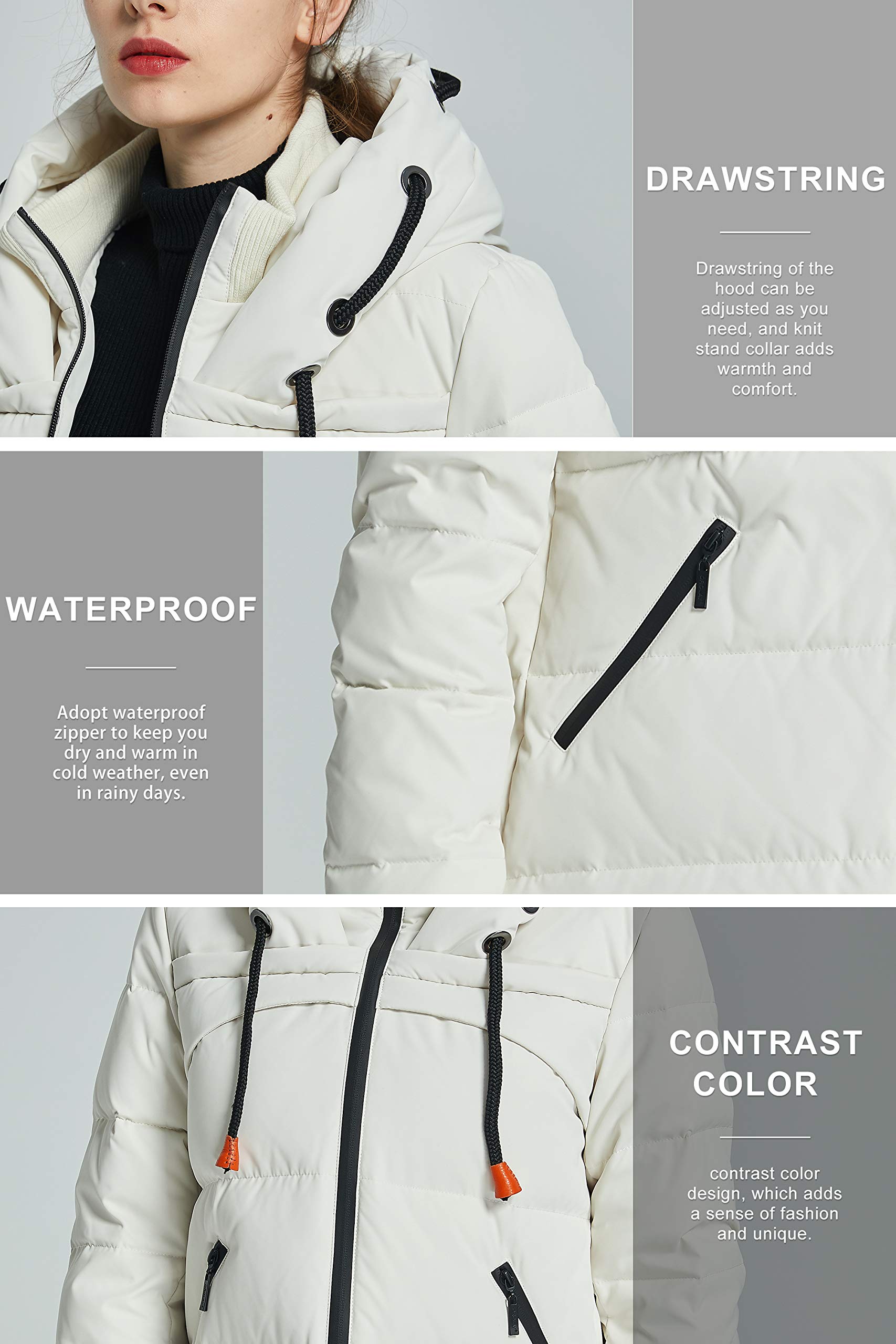 Orolay Women's Thickened Contrast Color Drawstring Down Jacket Hooded Parka Long Puffer Coat White L