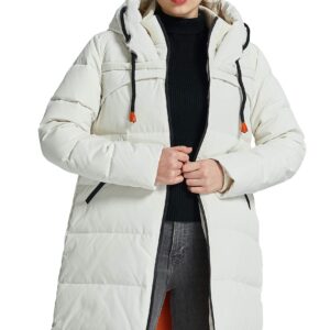 Orolay Women's Thickened Contrast Color Drawstring Down Jacket Hooded Parka Long Puffer Coat White L