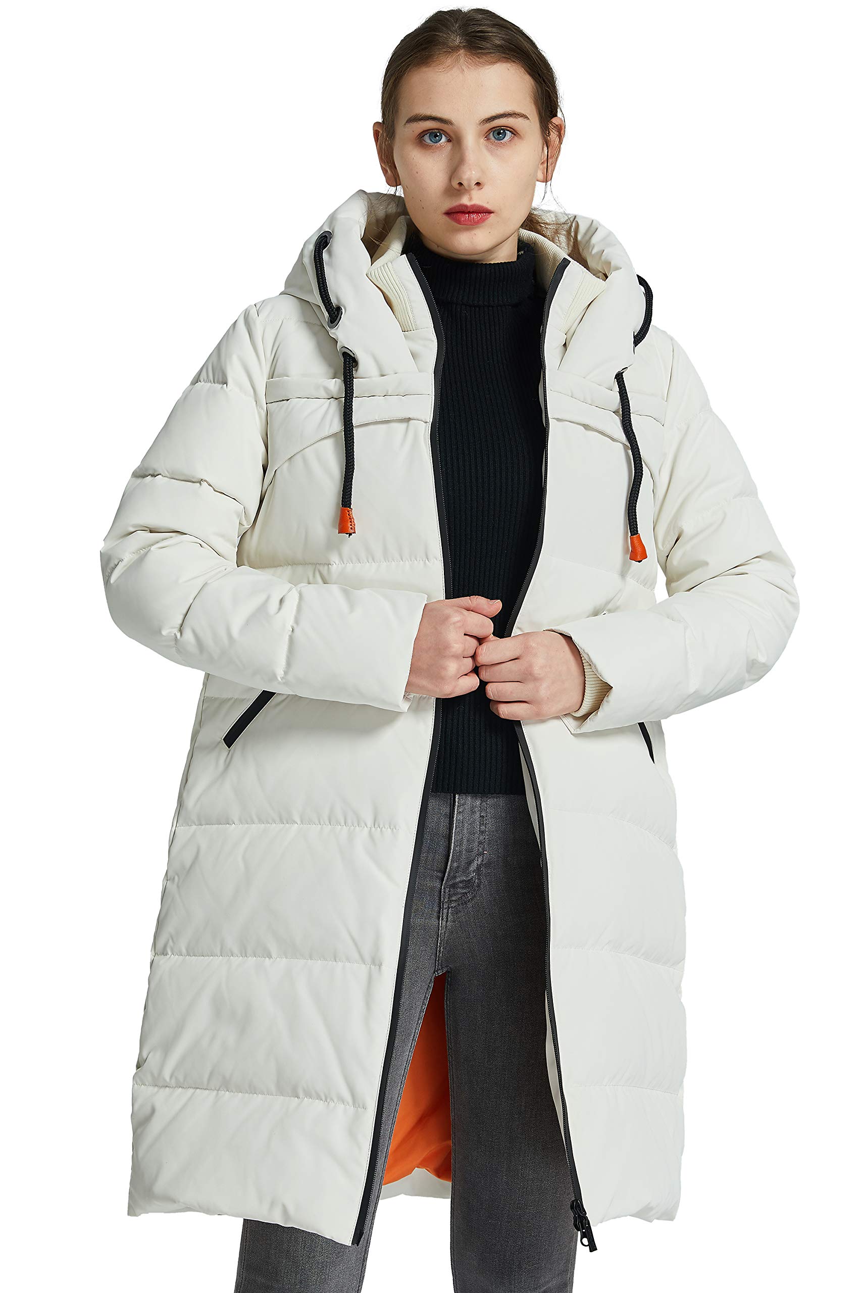 Orolay Women's Thickened Contrast Color Drawstring Down Jacket Hooded Parka Long Puffer Coat White L