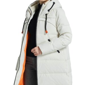 Orolay Women's Thickened Contrast Color Drawstring Down Jacket Hooded Parka Long Puffer Coat White L