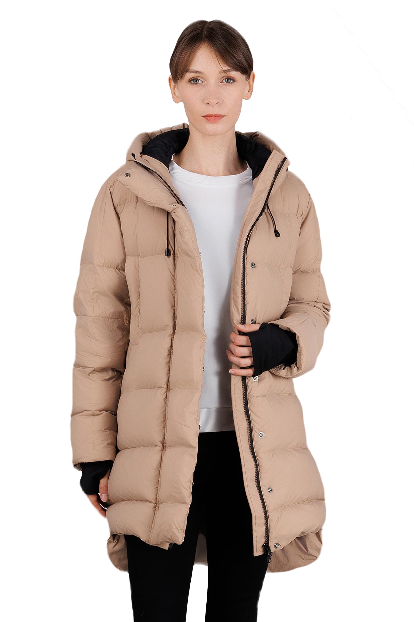 iDomosee Women's Winter Hooded Down Jacket - Warm Packable Thickened Puffer Jacket, Long Down Outerwear for Christmas Gift Khaki XXL