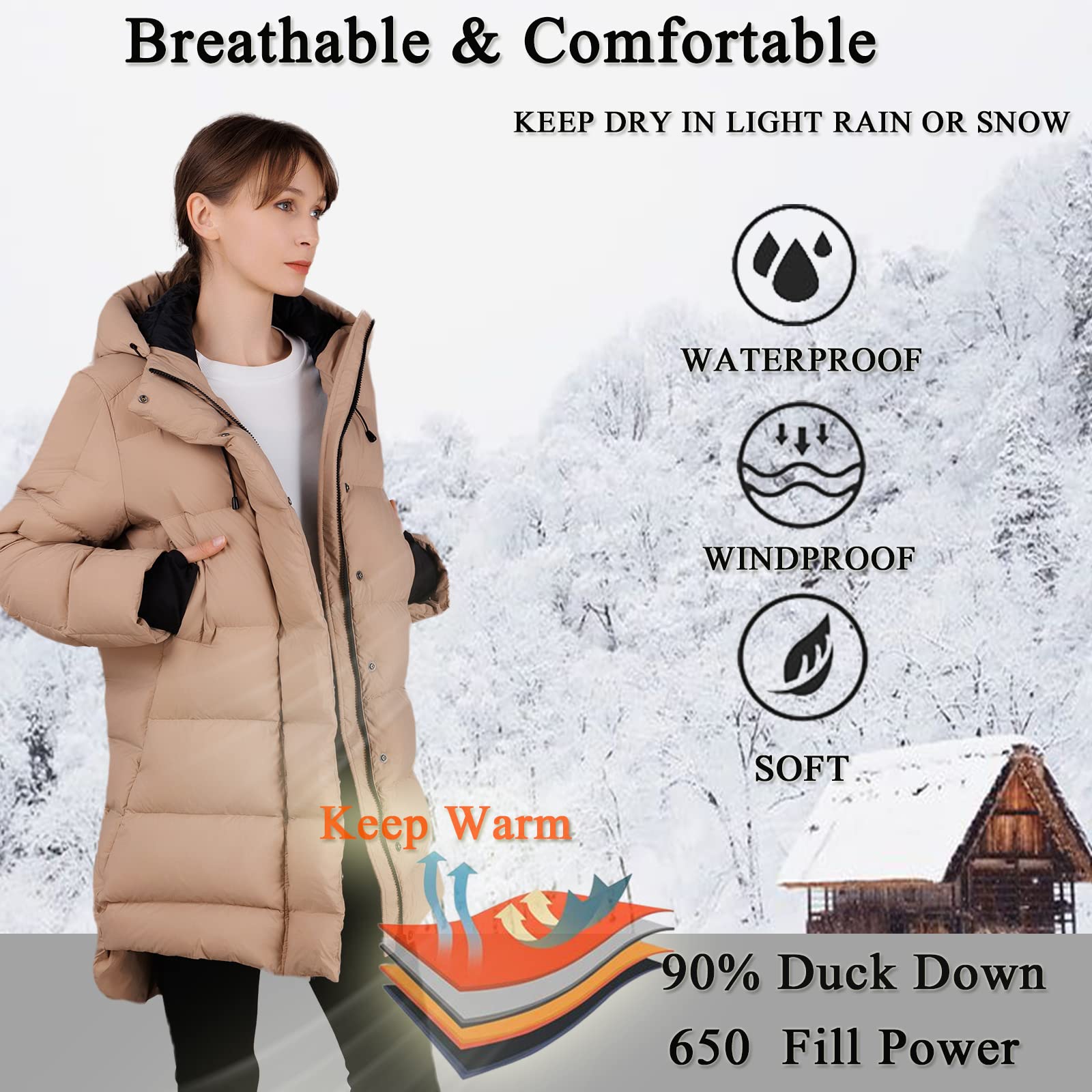 iDomosee Women's Winter Hooded Down Jacket - Warm Packable Thickened Puffer Jacket, Long Down Outerwear for Christmas Gift Khaki XXL