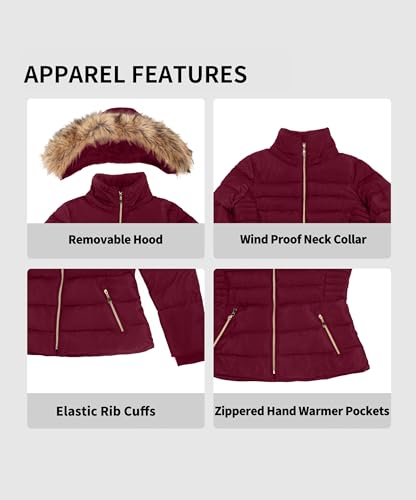 BodiLove Women's Winter Quilted Puffer Short Coat Jacket with Removable Faux Fur Hood and Zipper Burgundy L