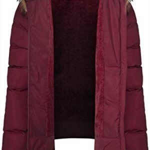 BodiLove Women's Winter Quilted Puffer Short Coat Jacket with Removable Faux Fur Hood and Zipper Burgundy L