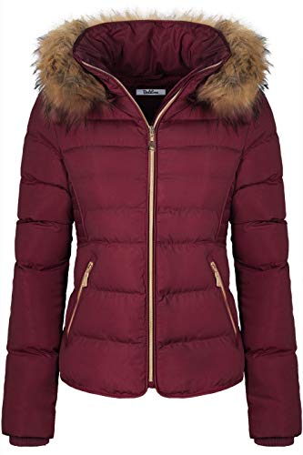 BodiLove Women's Winter Quilted Puffer Short Coat Jacket with Removable Faux Fur Hood and Zipper Burgundy L