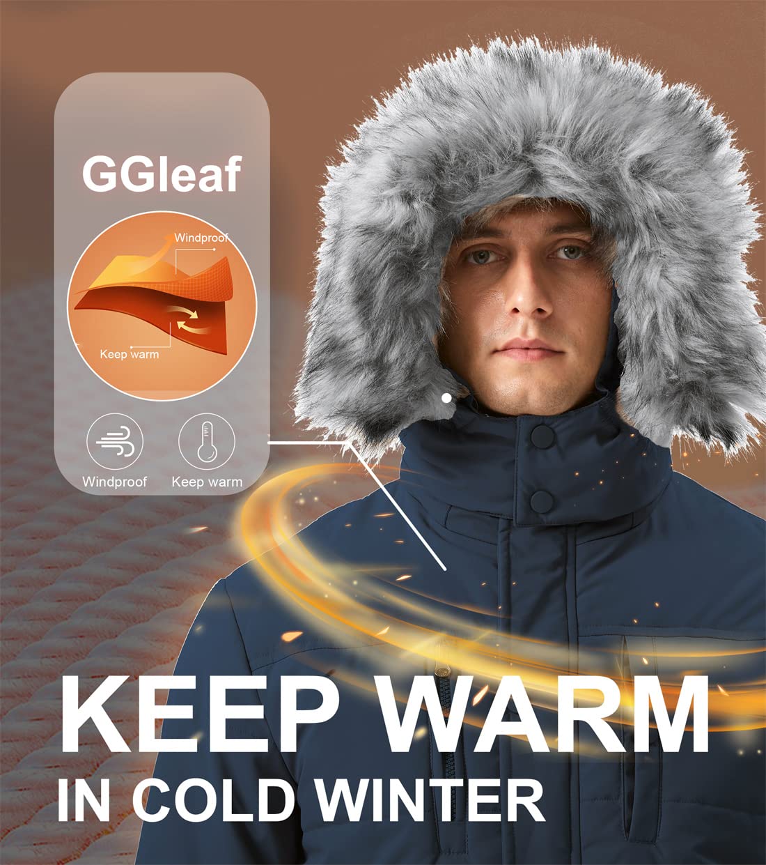 GGleaf Men's Winter Parka Jacket Hooded Thickened Padded Heavyweight Warm Coat with Detachable Fur Hood Navy XL