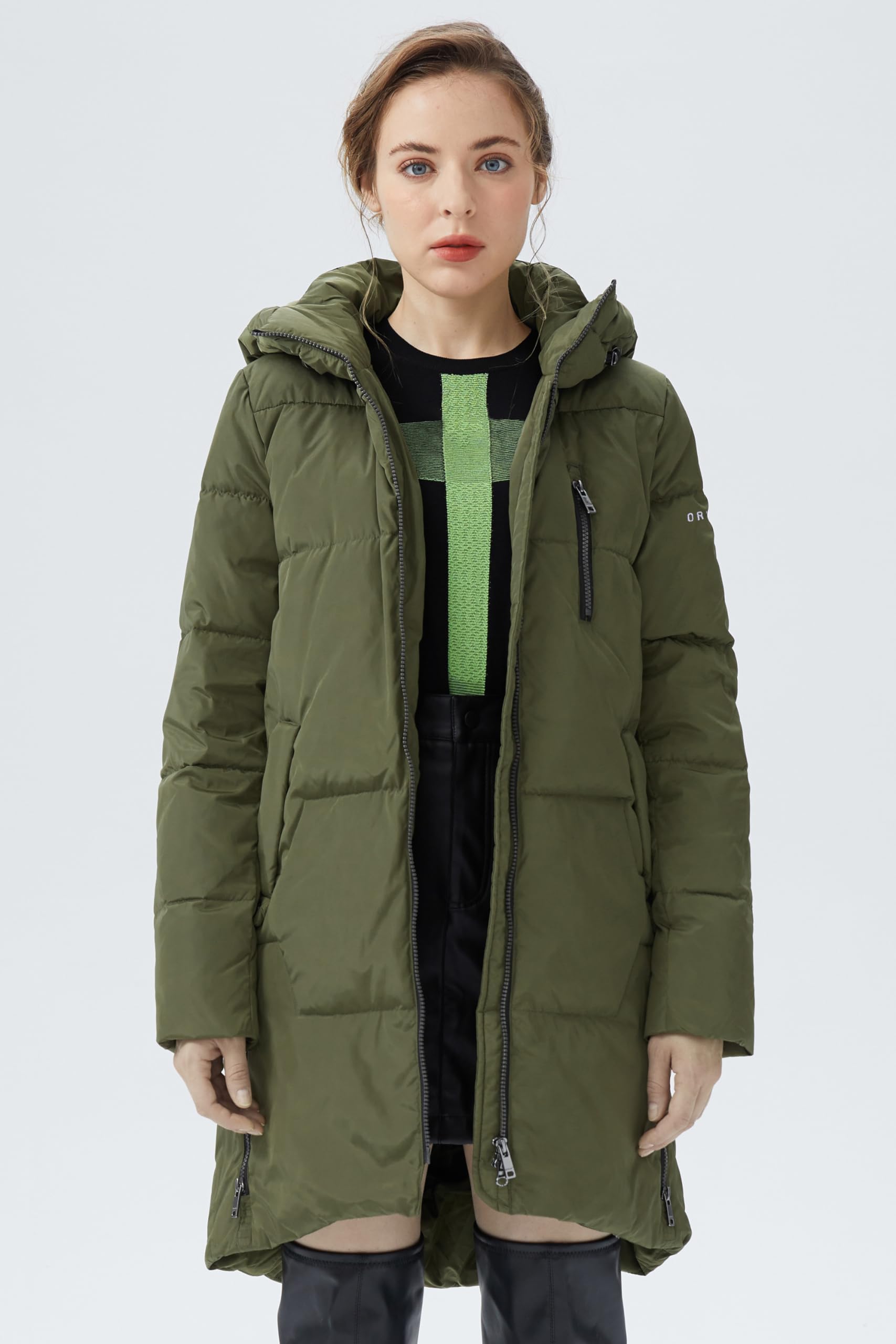 Orolay Women's Stylish Down Hooded Jacket with Two-Way Zipper Winter Down Coat Puffer Jacket Army Green M