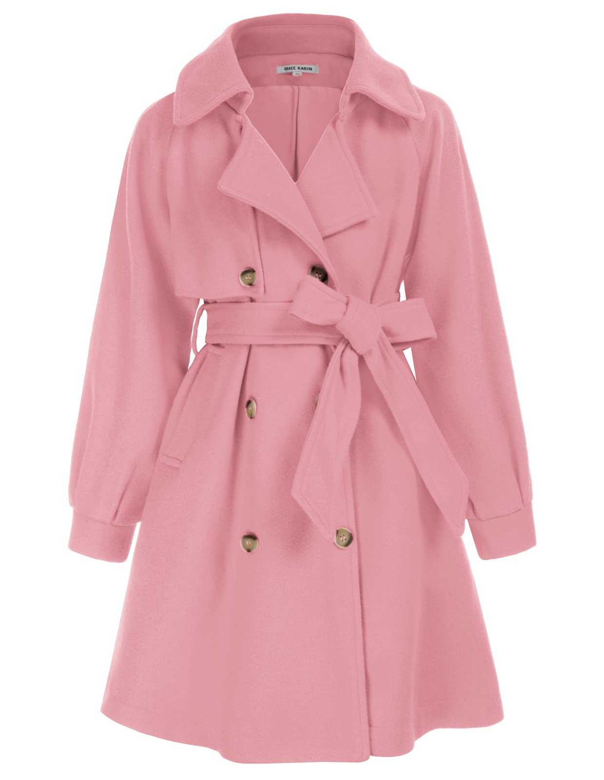 GRACE KARIN Girls Wool Blend Pea Coat Lapel Dress Coat Jackets with Pockets Belt Pink 12Y