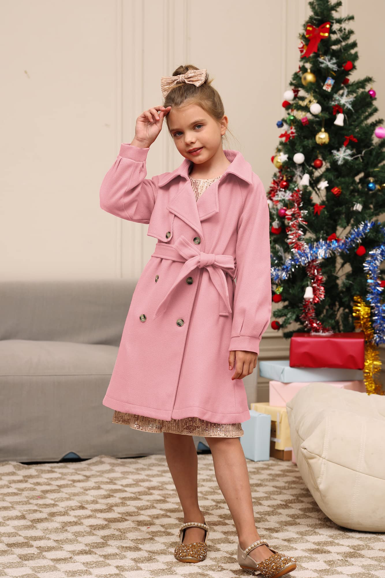 GRACE KARIN Girls Wool Blend Pea Coat Lapel Dress Coat Jackets with Pockets Belt Pink 12Y