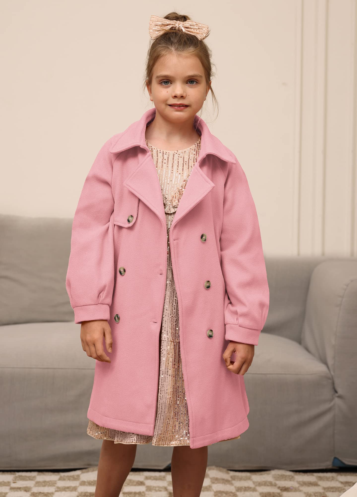 GRACE KARIN Girls Wool Blend Pea Coat Lapel Dress Coat Jackets with Pockets Belt Pink 12Y