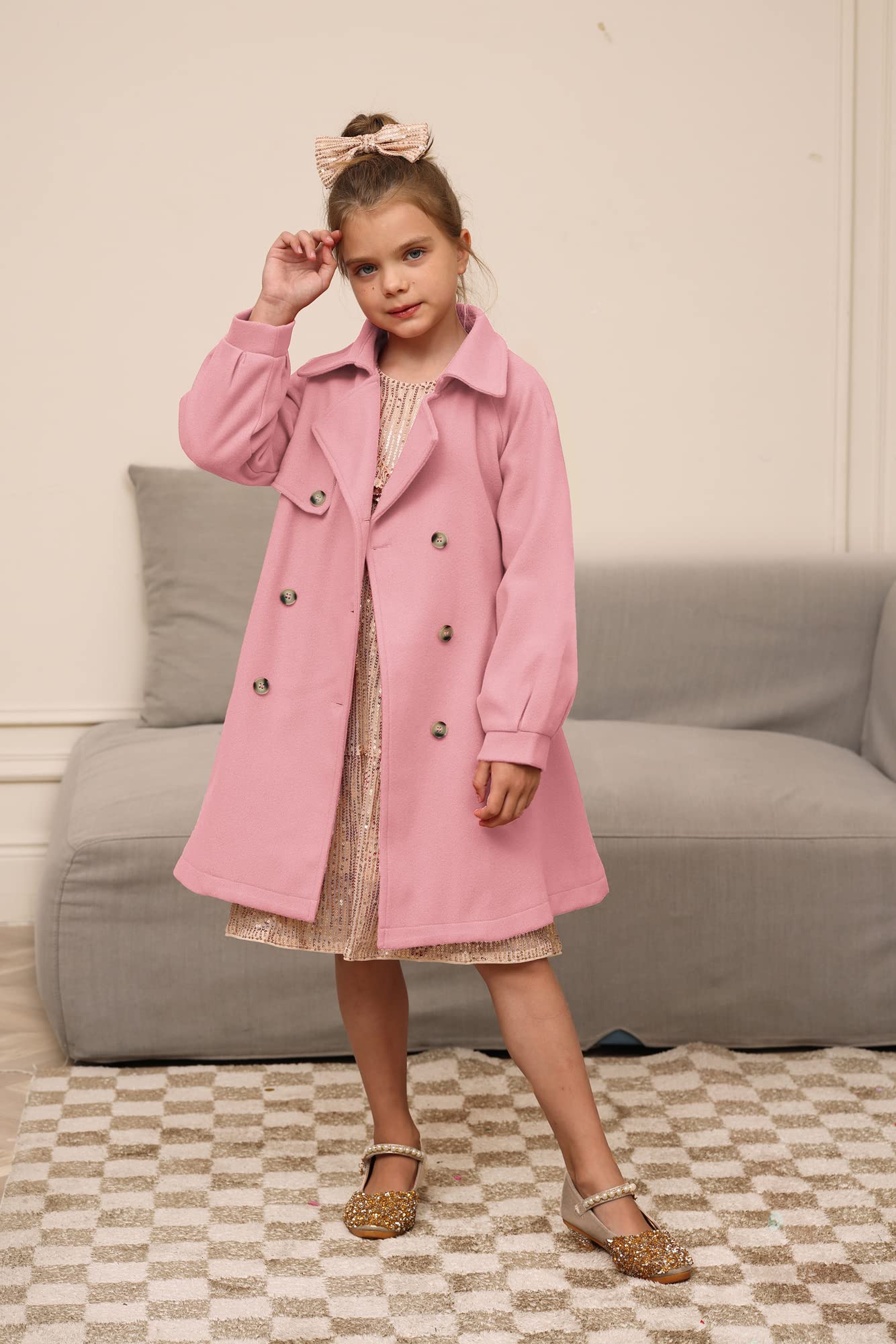 GRACE KARIN Girls Wool Blend Pea Coat Lapel Dress Coat Jackets with Pockets Belt Pink 12Y