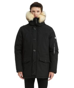 puremsx puffer jacket men, thick winter windproof water resistant fur hood long padded outdoor parka coat,black,x-small