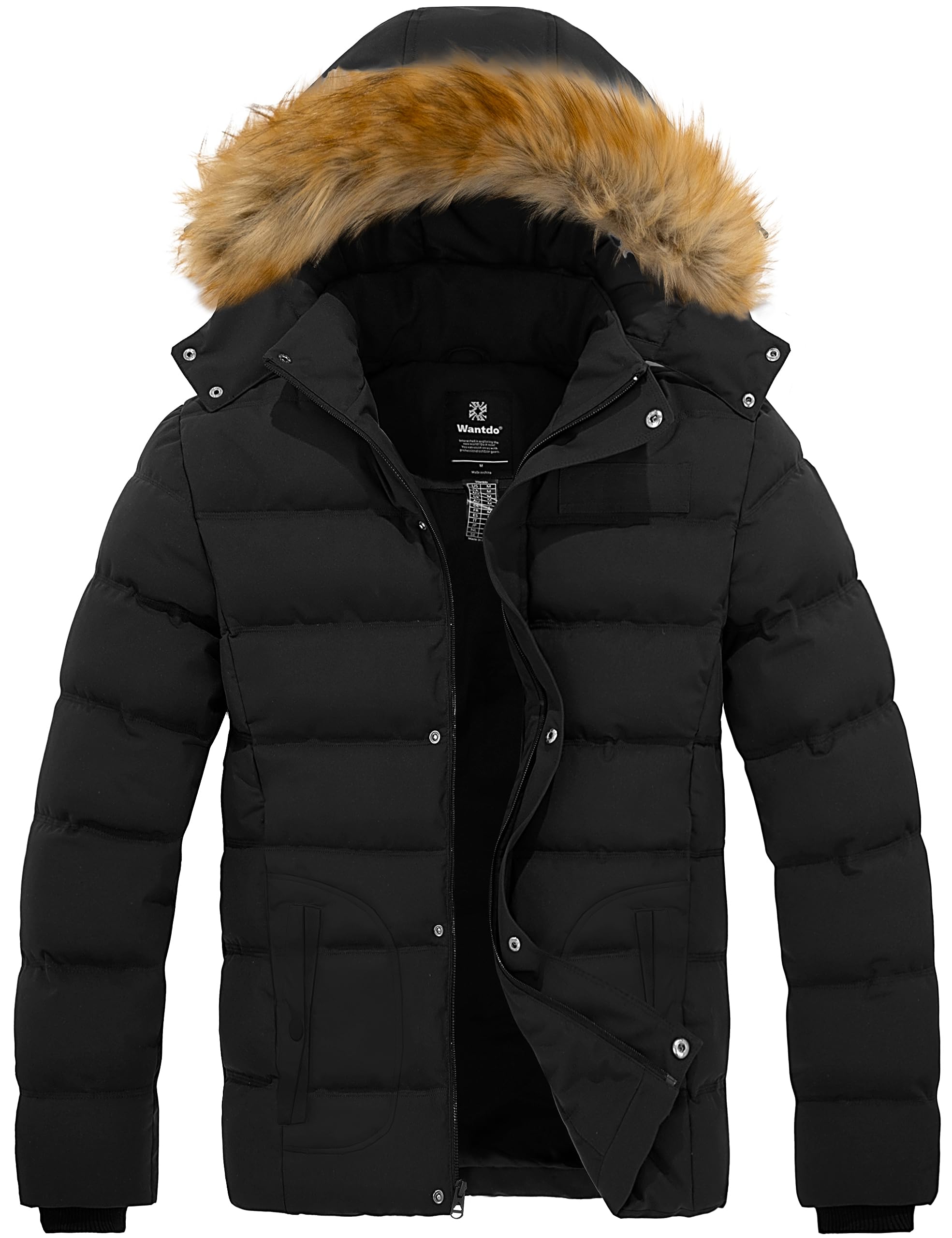 wantdo Men's Casual Bubble Coat with Fur Hood Warm Parka Jacket (Black, 2X-Large)