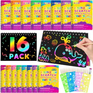 pigipigi Scratch Paper Party Favor: 16 Pack Rainbow Scratch Notebook Kids Art Craft Supplies Birthday Gift for Girls Boys Age 3 4 5 6 7 8 9 10 Years Old Toy Activity Fun Easter Project Drawing Kit