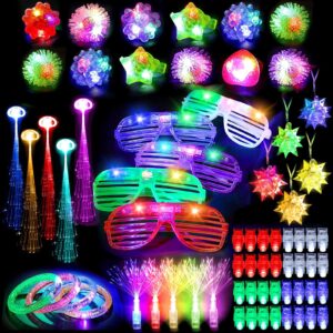 mibote 83pcs led light up toys party favors glow in the dark party supplies for kid/adults halloween with 50 finger lights, 8 jelly rings, 5 flashing glasses, 5 bracelets, 5 fiber optic hair lights