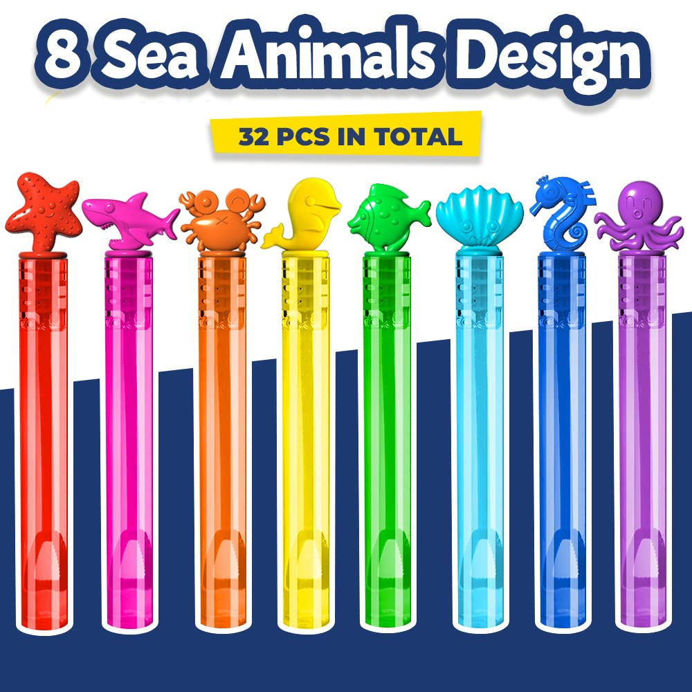 VKTEN 32Pcs Sea Mini Bubble Wands Assortment 8 Styles 8 Colors Bubble Party Favors for Kids, Bubbles for Kids, Themed Birthday Party Favors, Classroom Prizes Summer Outdoor Gifts for Girls Boys