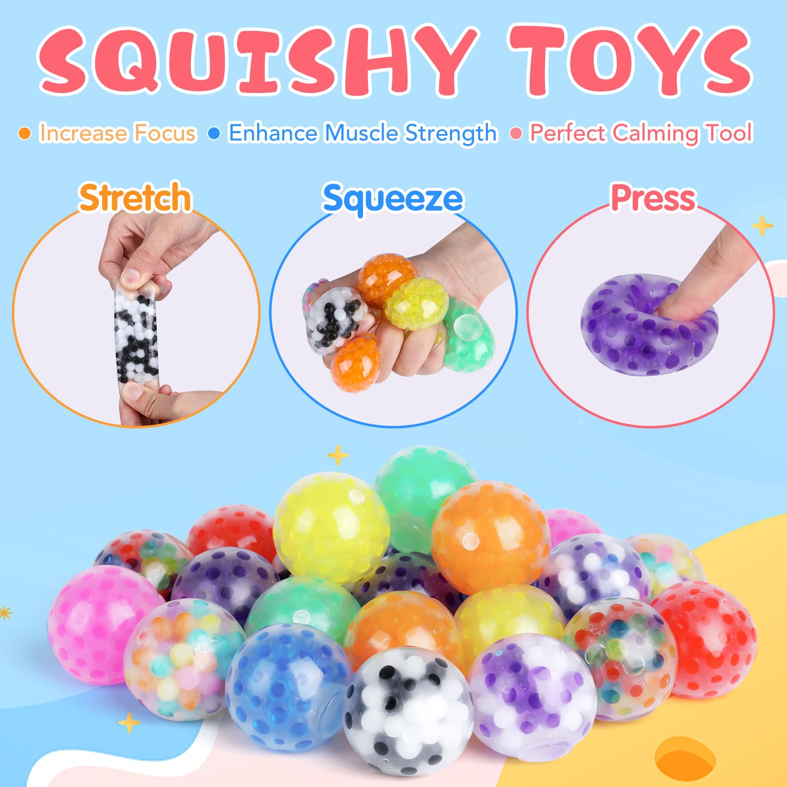 24Pack Stress Balls, Squishy Toys, Squishy Squeeze Balls Bulk Fidget Toys for Adults Squishy Balls, Stress Relief Toys, Party Favors, Birthday Gift, Goodie Bag Stuffers