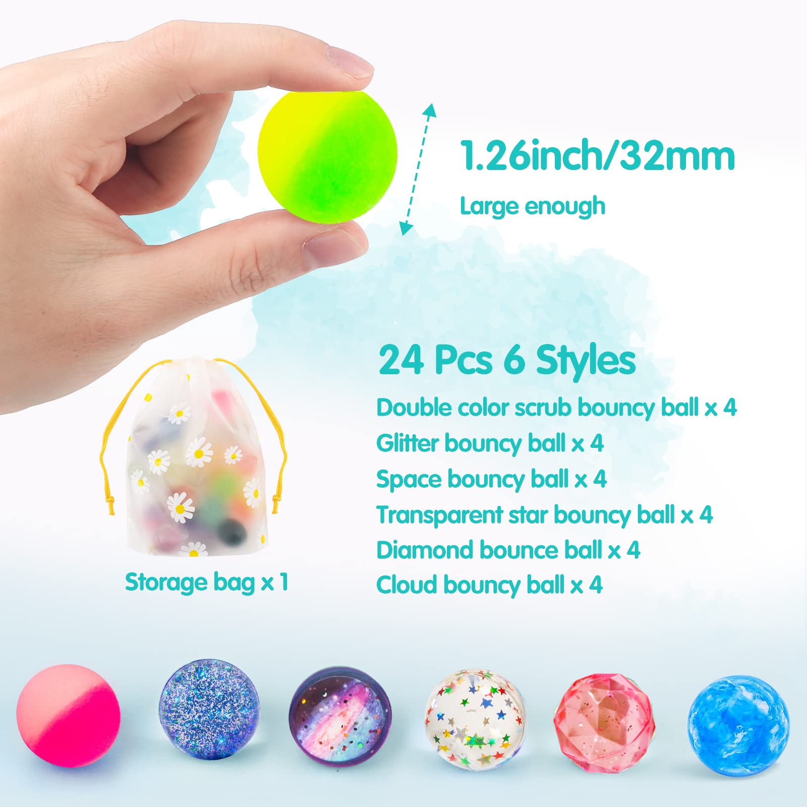 Ecoofor 24 Pieces Bouncy Balls 32mm Bounce Balls 6 Styles High Bouncing Balls Toys for Kids Party Favors Birthdays Gift Classroom