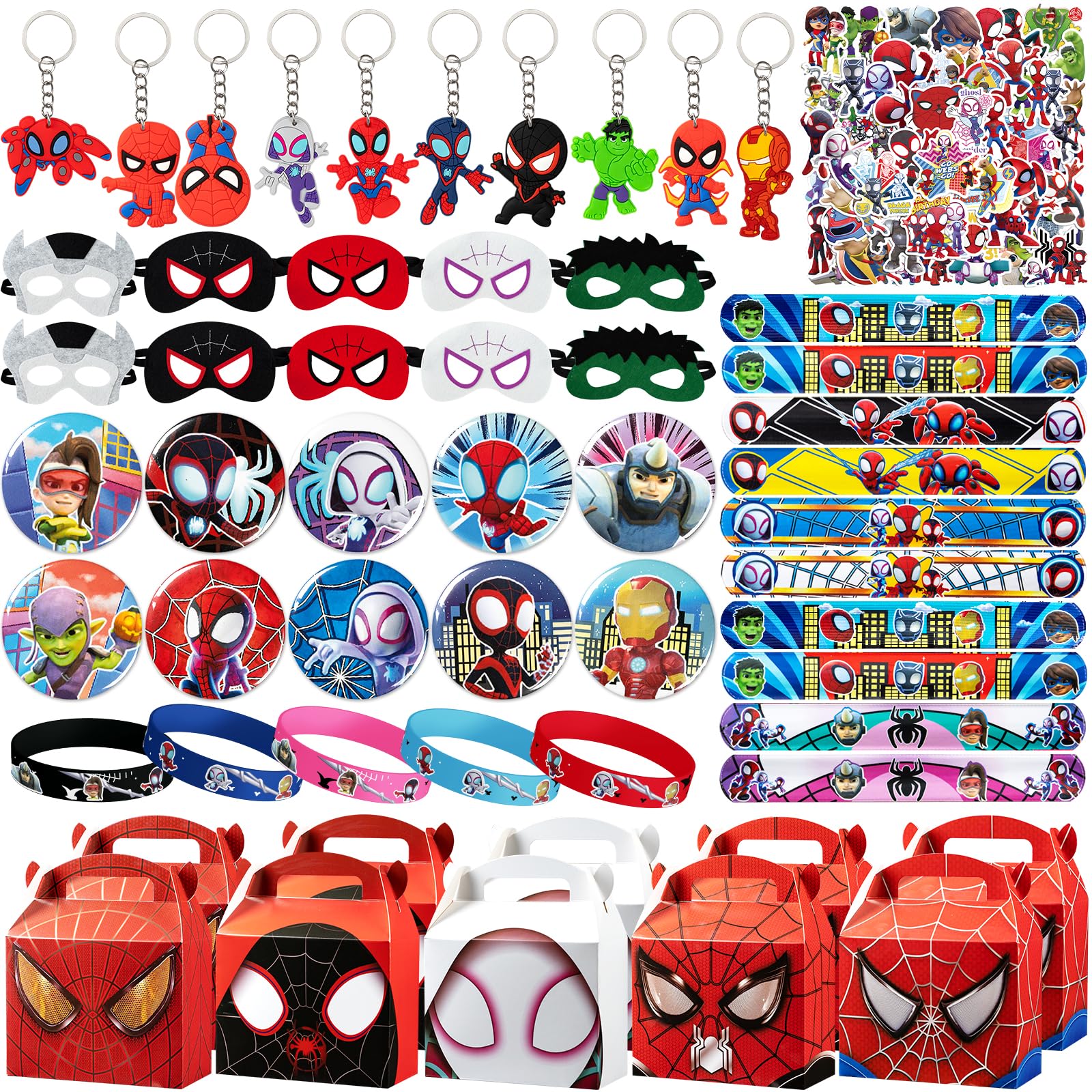 Birthday Party Supplies,78Pcs Party Favors,Include 10 Silicone Wristbands,10 Button Pins,8 Key Chains,10 Masks,10 Gift Boxes and 30 Stickers for Kids,Best For Fill Up the Goodie Bags for Themed Party