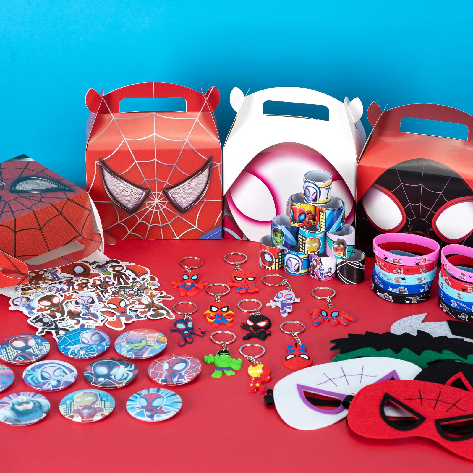 Birthday Party Supplies,78Pcs Party Favors,Include 10 Silicone Wristbands,10 Button Pins,8 Key Chains,10 Masks,10 Gift Boxes and 30 Stickers for Kids,Best For Fill Up the Goodie Bags for Themed Party