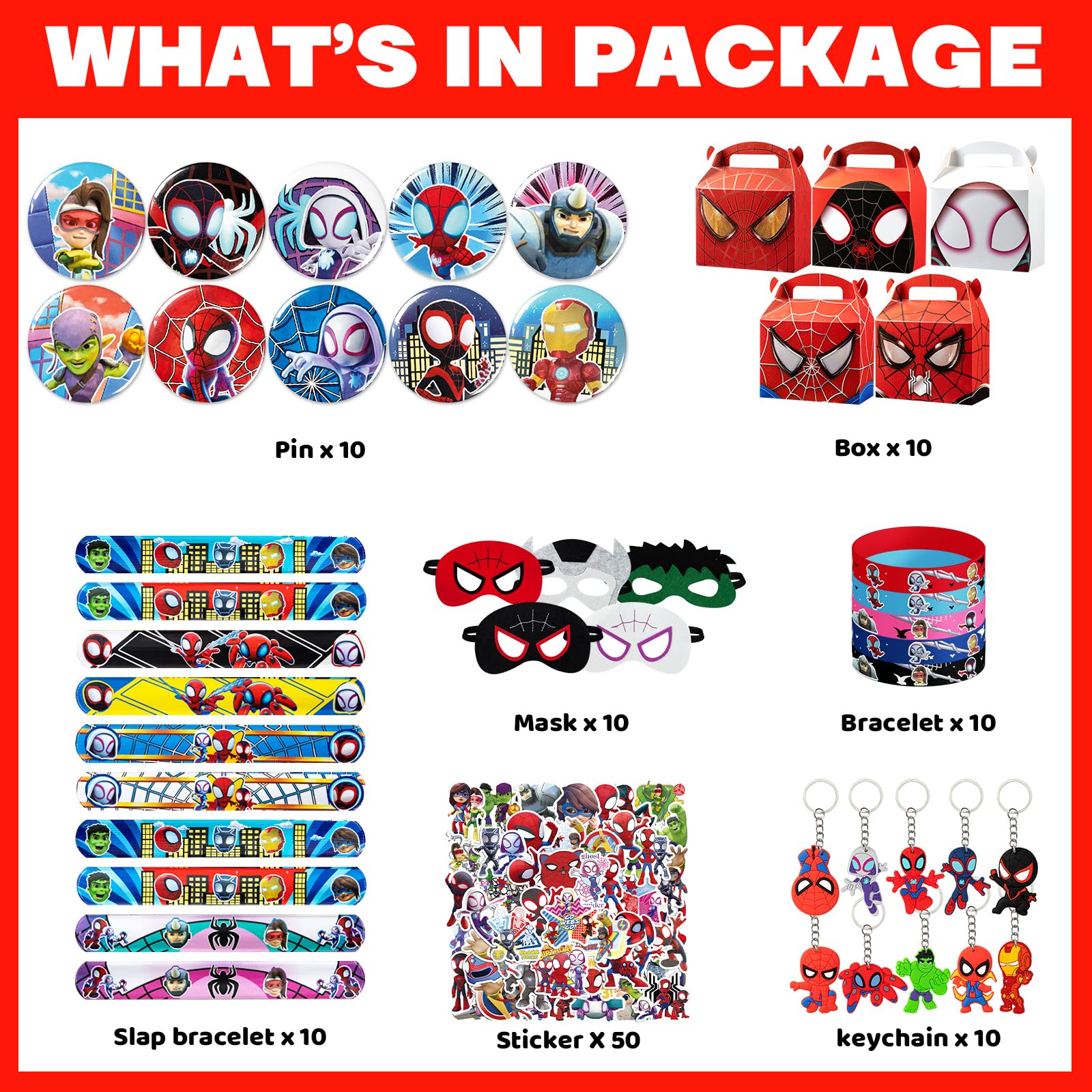 Birthday Party Supplies,78Pcs Party Favors,Include 10 Silicone Wristbands,10 Button Pins,8 Key Chains,10 Masks,10 Gift Boxes and 30 Stickers for Kids,Best For Fill Up the Goodie Bags for Themed Party