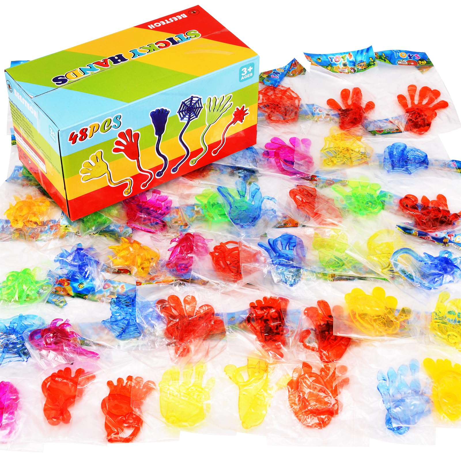 48 Pack Sticky Hands Party Favors, 6 Types Goodie Bag Stuffers, Teacher Treasure Box Prizes, Classroom Rewards, Piñata Fillers, Bulk Party Favors Gift for Boys Girls (Random Color)