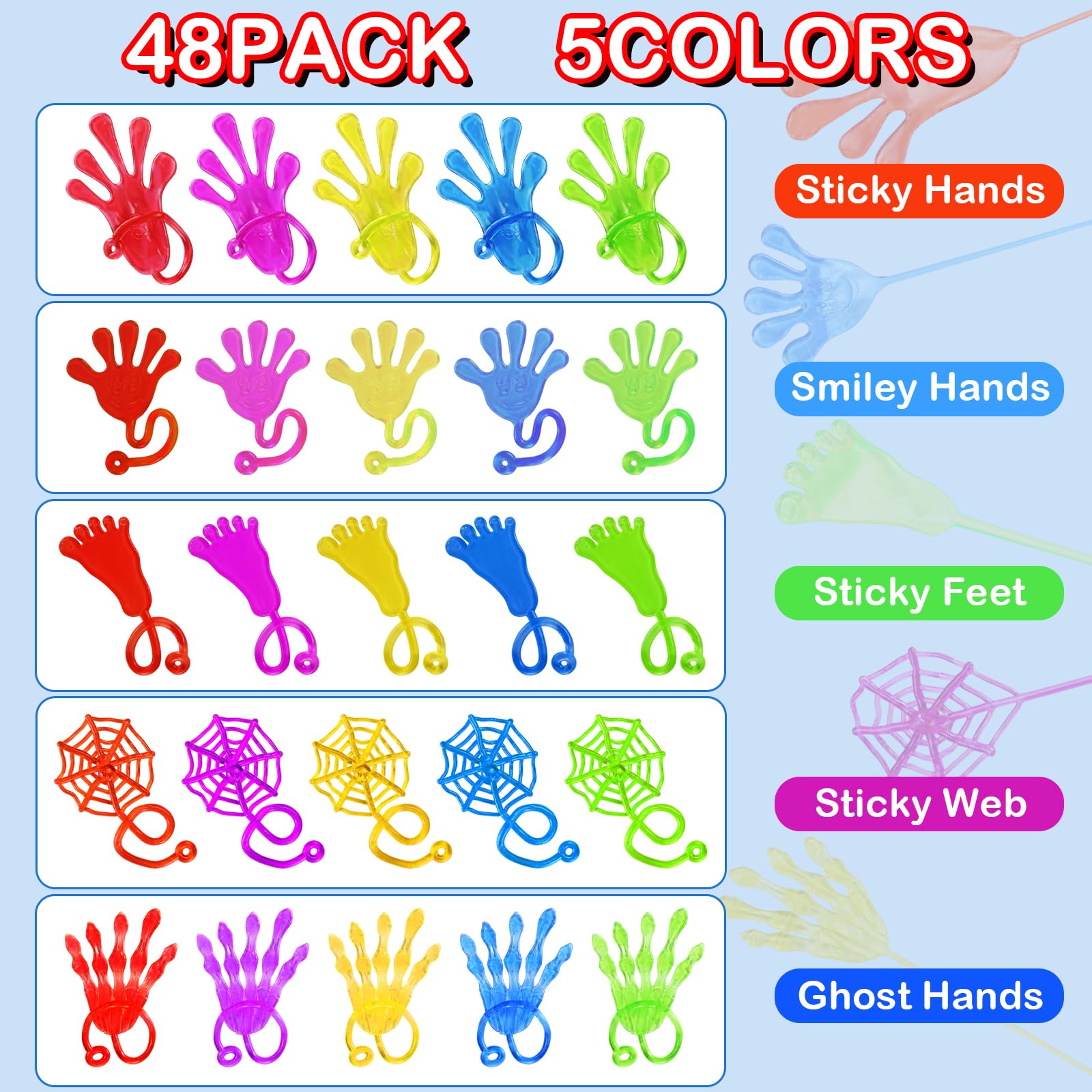 48 Pack Sticky Hands Party Favors, 6 Types Goodie Bag Stuffers, Teacher Treasure Box Prizes, Classroom Rewards, Piñata Fillers, Bulk Party Favors Gift for Boys Girls (Random Color)